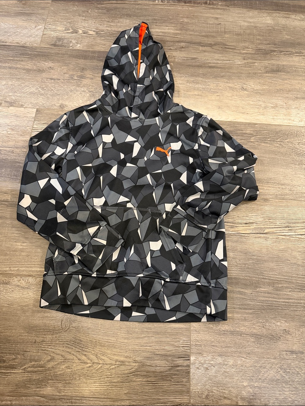 Puma Men’s Black & Gray Geometric Hooded Pullover with Orange Logo